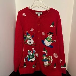 Vintage Tiara Christmas Sweater Red Snowmen Trees Embellished Cardigan 26/28